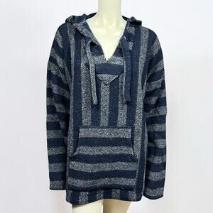 Artesanías Drug Rug Baja Hoodie Navy Grey Striped Mexican Pullover XXL
